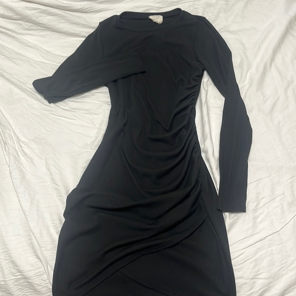 Black fall winter asymmetric ruched long sleeve fitted dress